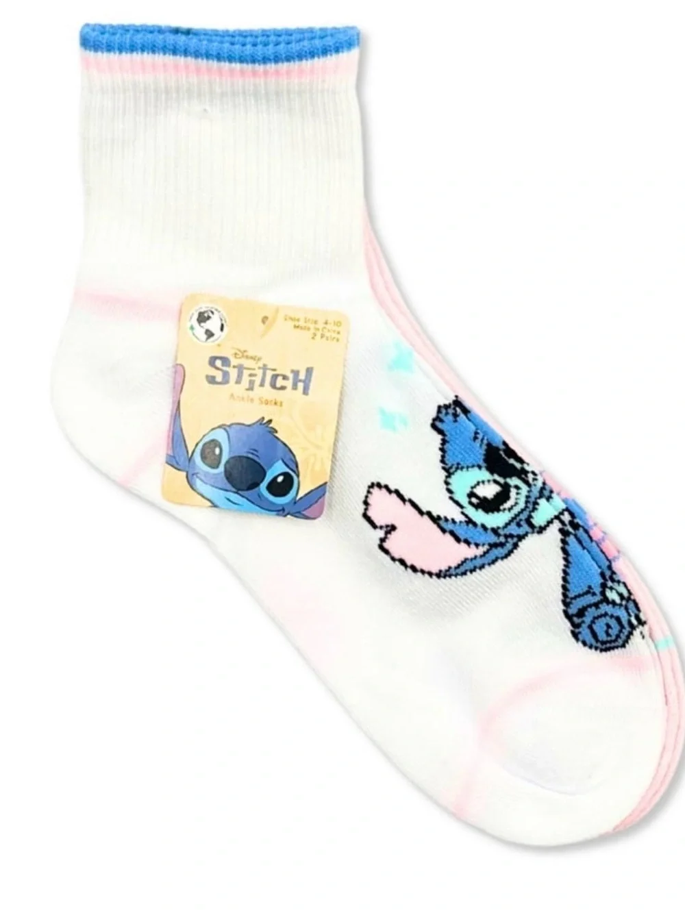 Disney Stitch Ankle Socks Pink 2-Pack Size4-10 NEW